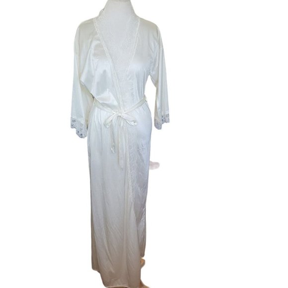 Vintage Cream Satin‎ Bridal Nylon Robe Lace Trim Long USA M/L - Picture 2 of 10